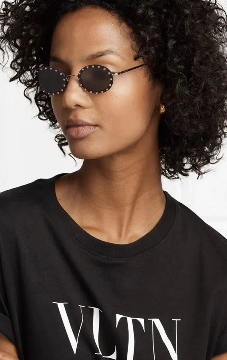 Women's Vintage Designer Diamond Crystal Round Over Sunglasses