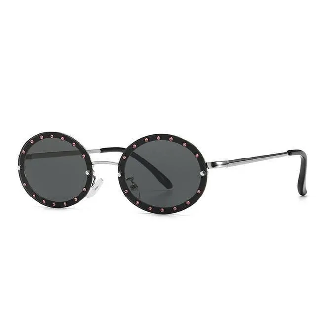 Women's Vintage Designer Diamond Crystal Round Over Sunglasses