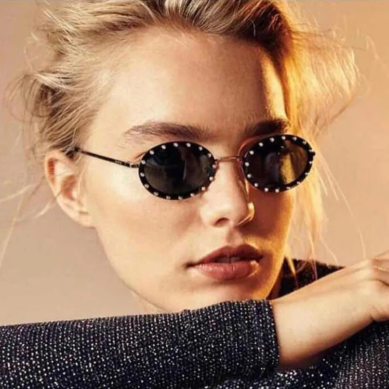 Women's Vintage Designer Diamond Crystal Round Over Sunglasses