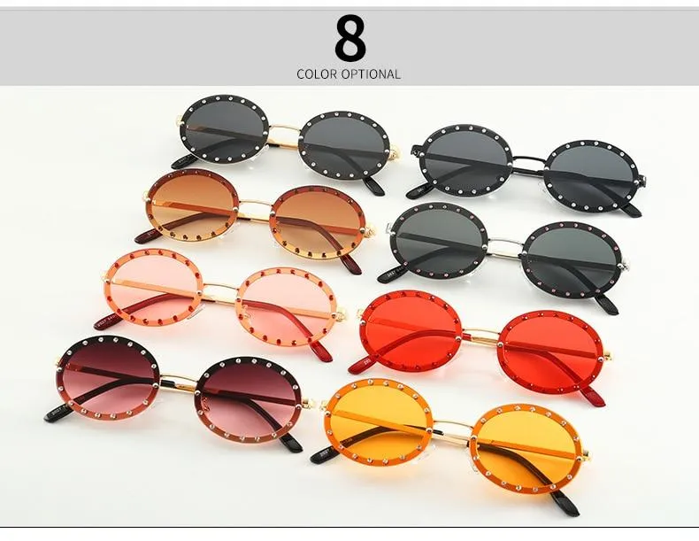 Women's Vintage Designer Diamond Crystal Round Over Sunglasses